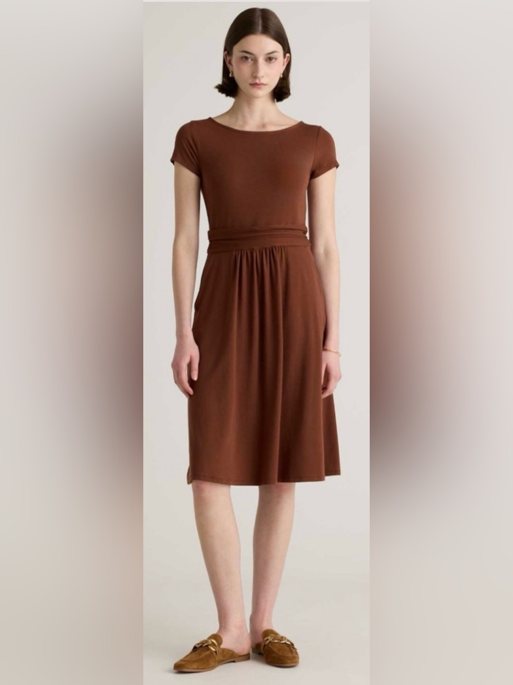 Quince (NWT) Brown Short-Sleeve Gathered-Waist Midi Dress With Pockets Size S - Picture 2 of 9